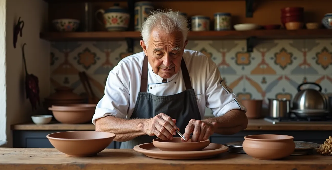 Traditionelle kanarische Restaurantatmosphäre mit den Händen eines älteren Kochs, der liebevoll lokale Gerichte anrichtet.