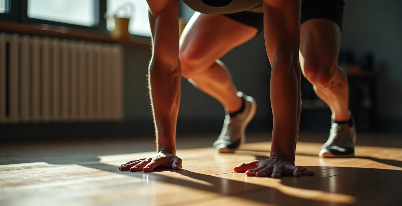 Person führt Burpee-Übung in einem modernen Wohnzimmer aus