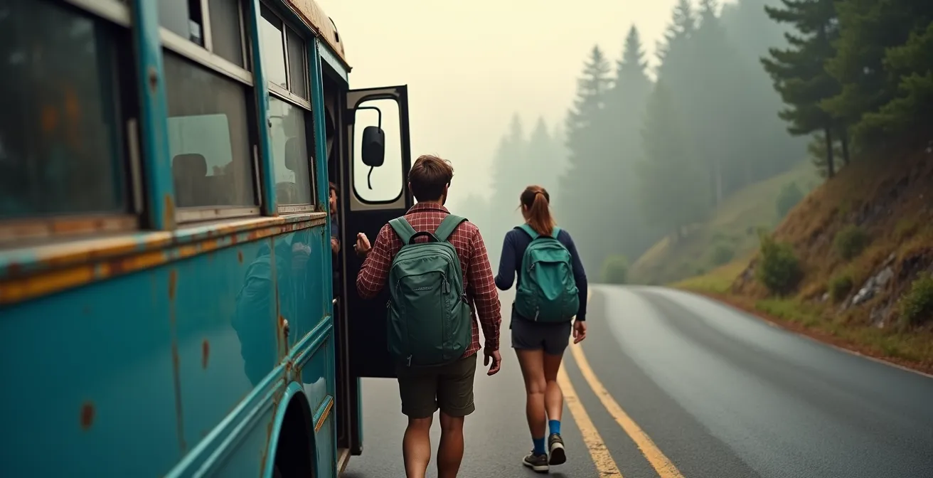 Wanderer steigt aus grün-blauem Bus an Bergstrasse mit Blick auf Lorbeerwald