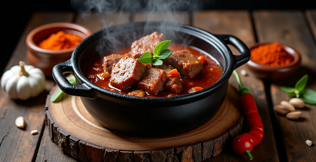 Rustikaler Ziegenschmorbraten in traditionellem Tontopf mit kanarischen Gewürzen