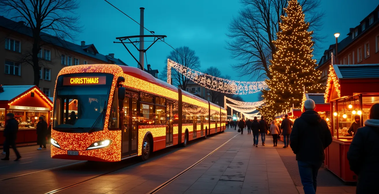 Sonderbahn zum deutschen Weihnachtsmarkt in der Abenddämmerung
