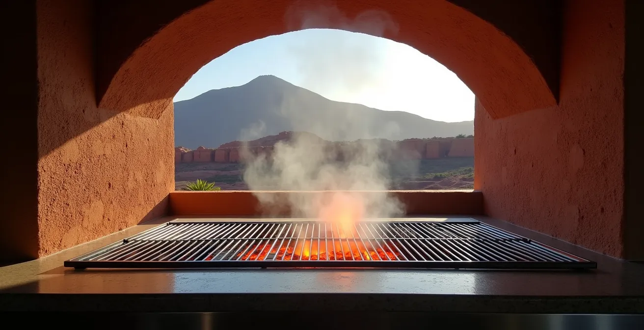 Vulkangrill des Restaurants El Diablo mit aufsteigendem Dampf vor Panoramafenster mit Blick auf die Feuerberge