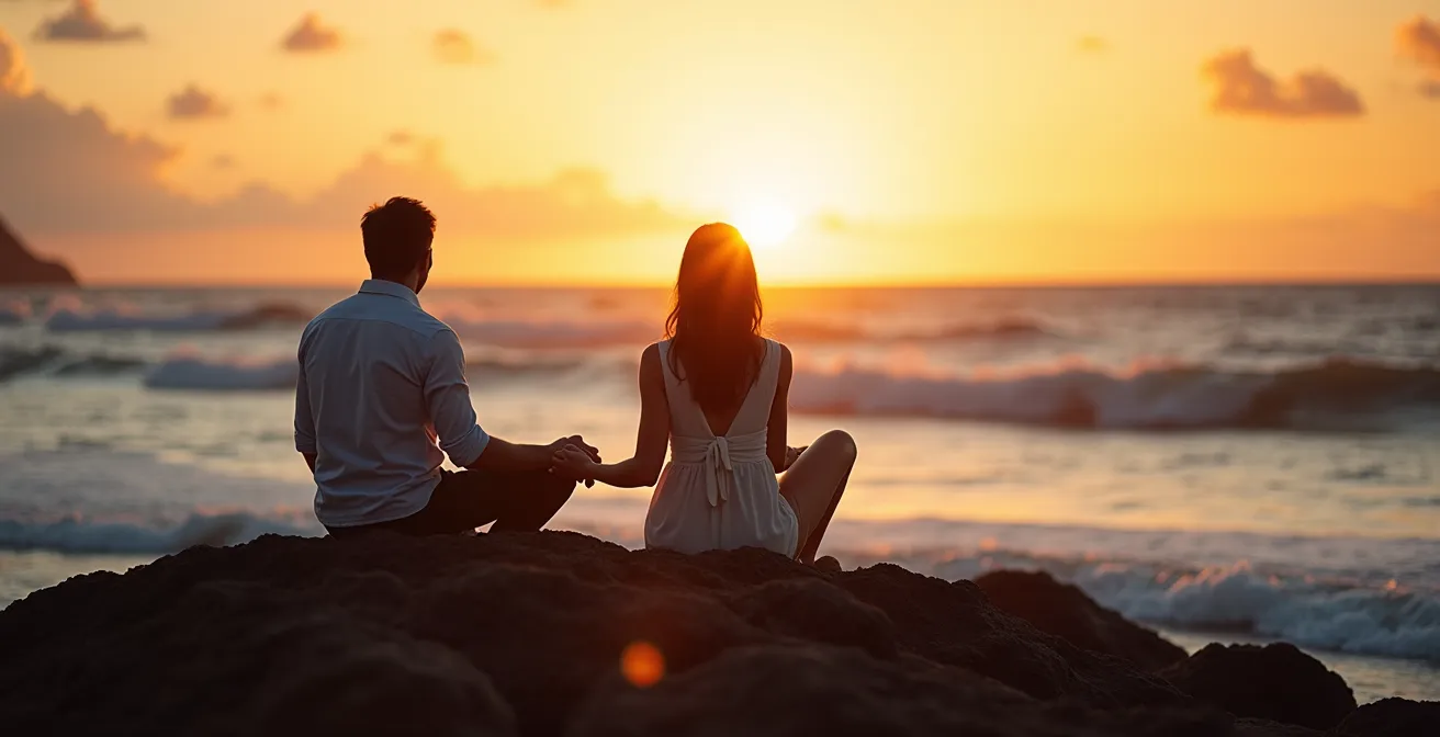 Paar geniesst Sonnenuntergang am Strand am ersten Urlaubstag
