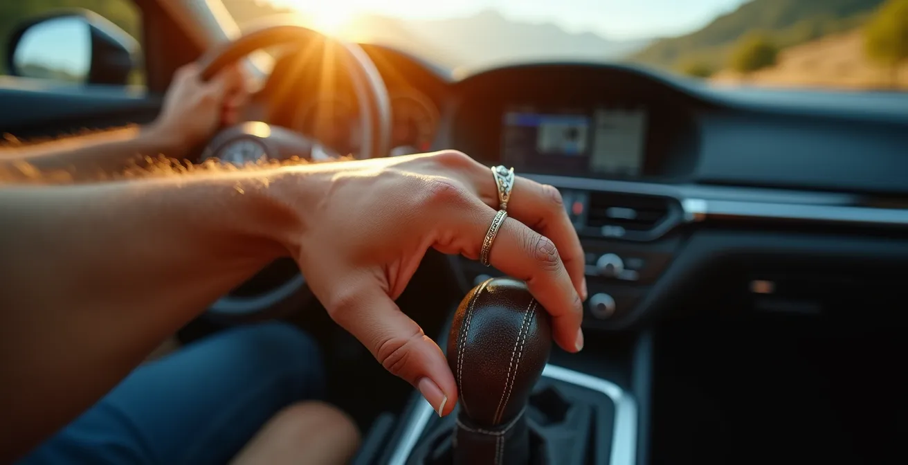 Nahaufnahme einer Fahrerhand am Schaltknauf während einer Kurvenfahrt, die Präzision symbolisiert.