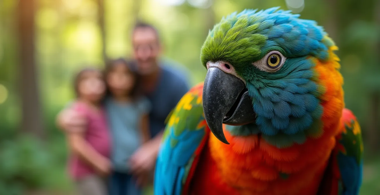 Familie mit Kindern beobachtet bunte Papageien im Loro Parque