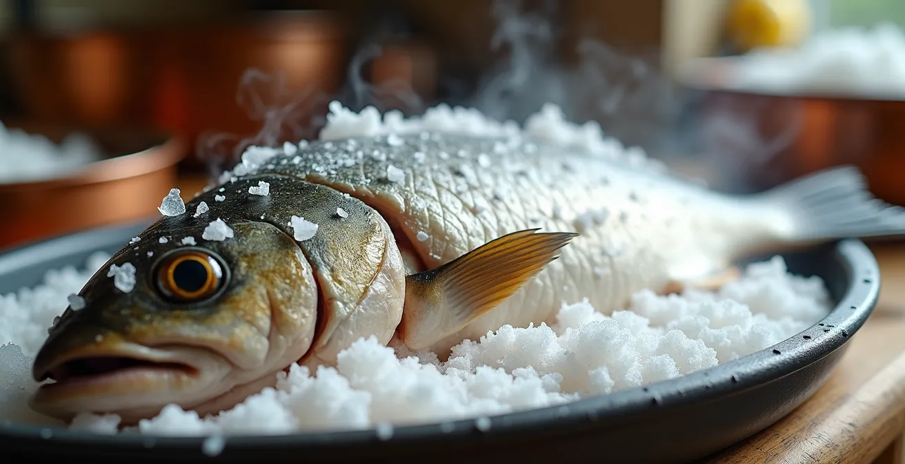 Ganzer Fisch in Salzkruste auf heissem Grill