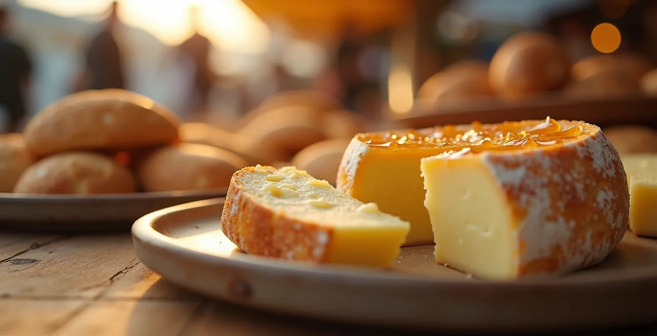 Frühmorgendliche Marktszene mit frischem Ziegenkäse und lokalem Brot