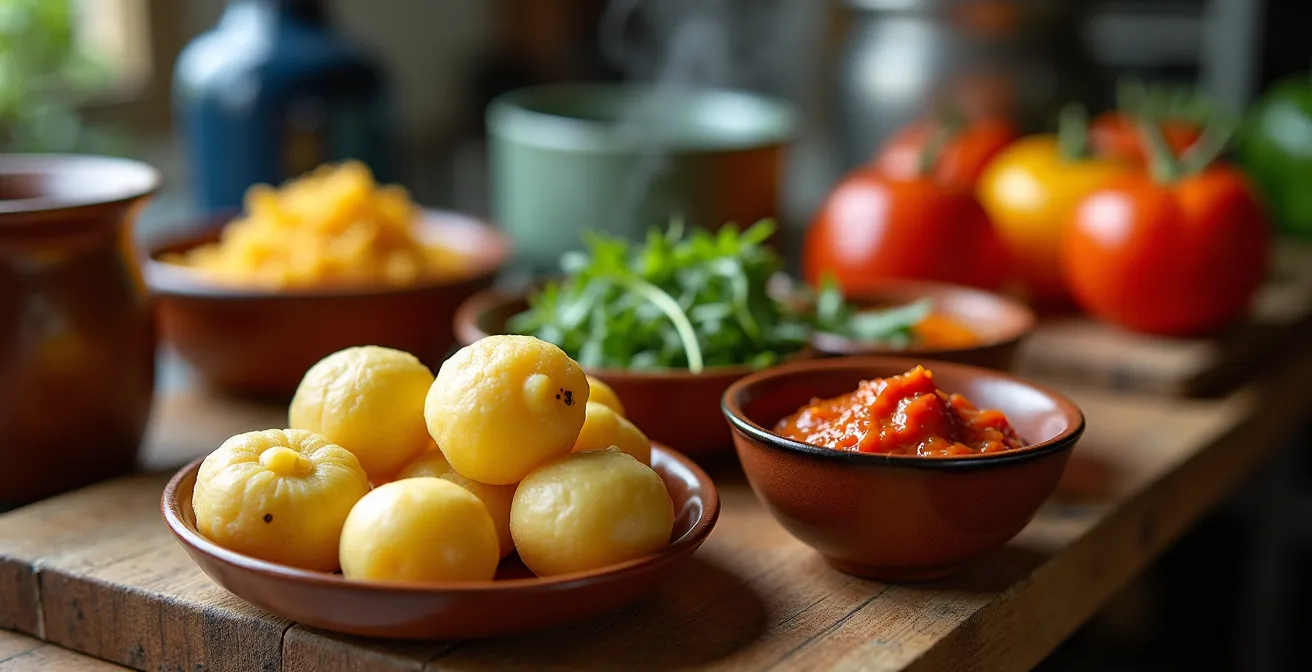 Lebhafte Hostelküche mit frischen, lokalen kanarischen Produkten wie Papas Arrugadas und Mojo-Sauce im Vordergrund.