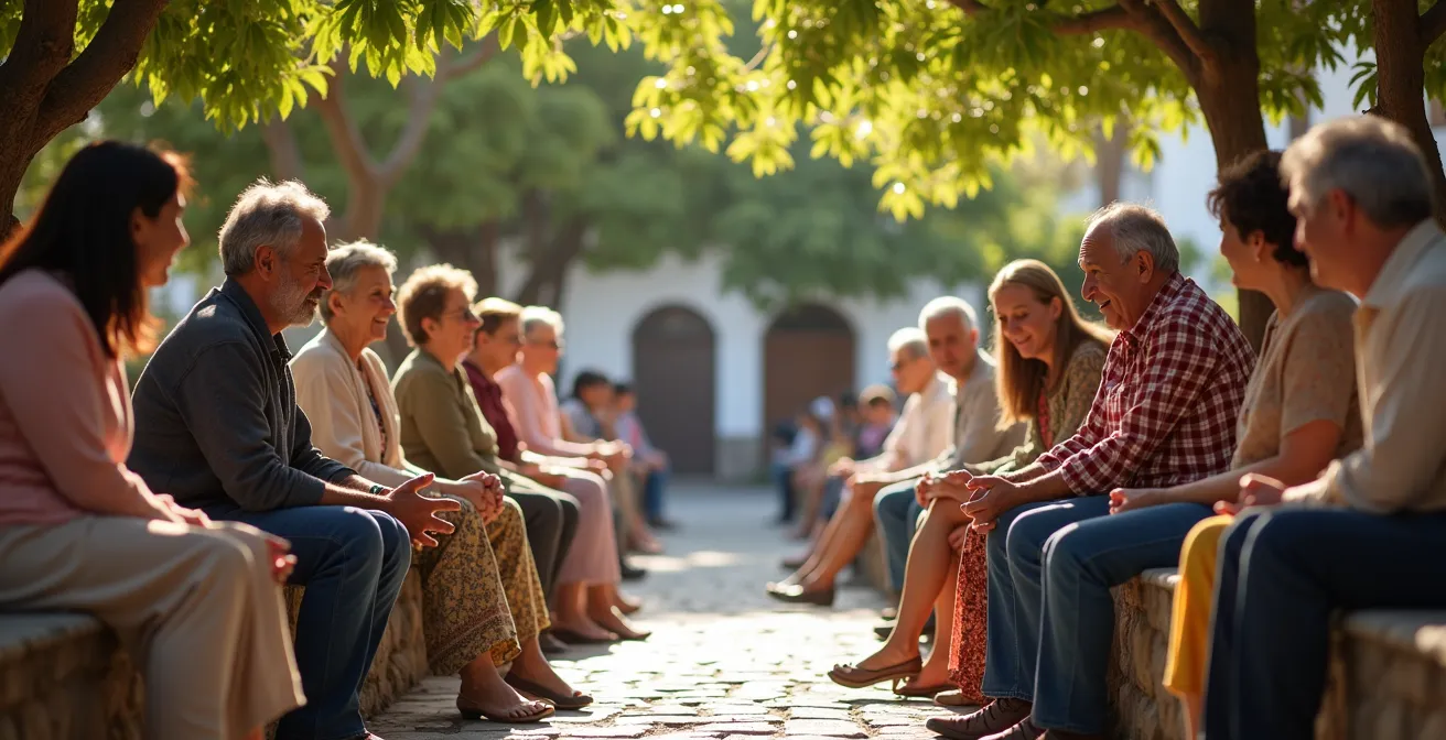 Einheimische treffen sich auf traditionellem kanarischen Dorfplatz