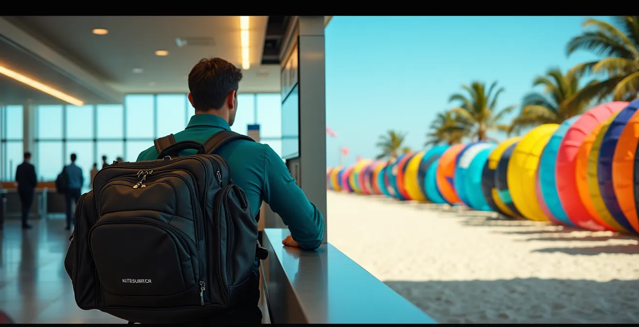 Kitesurfer mit eigenem Equipment am Flughafen-Check-in neben Mietstation