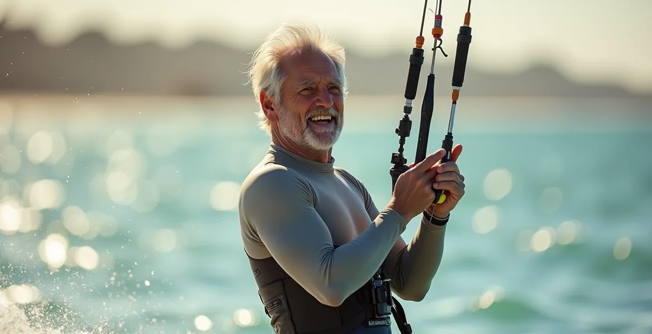 Erwachsener Kitesurfer demonstriert entspannte Körperhaltung beim Gleiten über Wasser