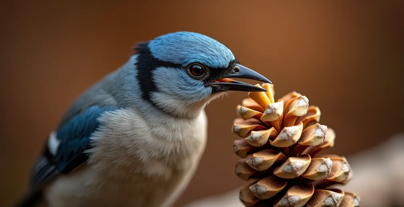 Makroaufnahme eines Teydefink-Schnabels beim Öffnen eines Kiefernzapfens