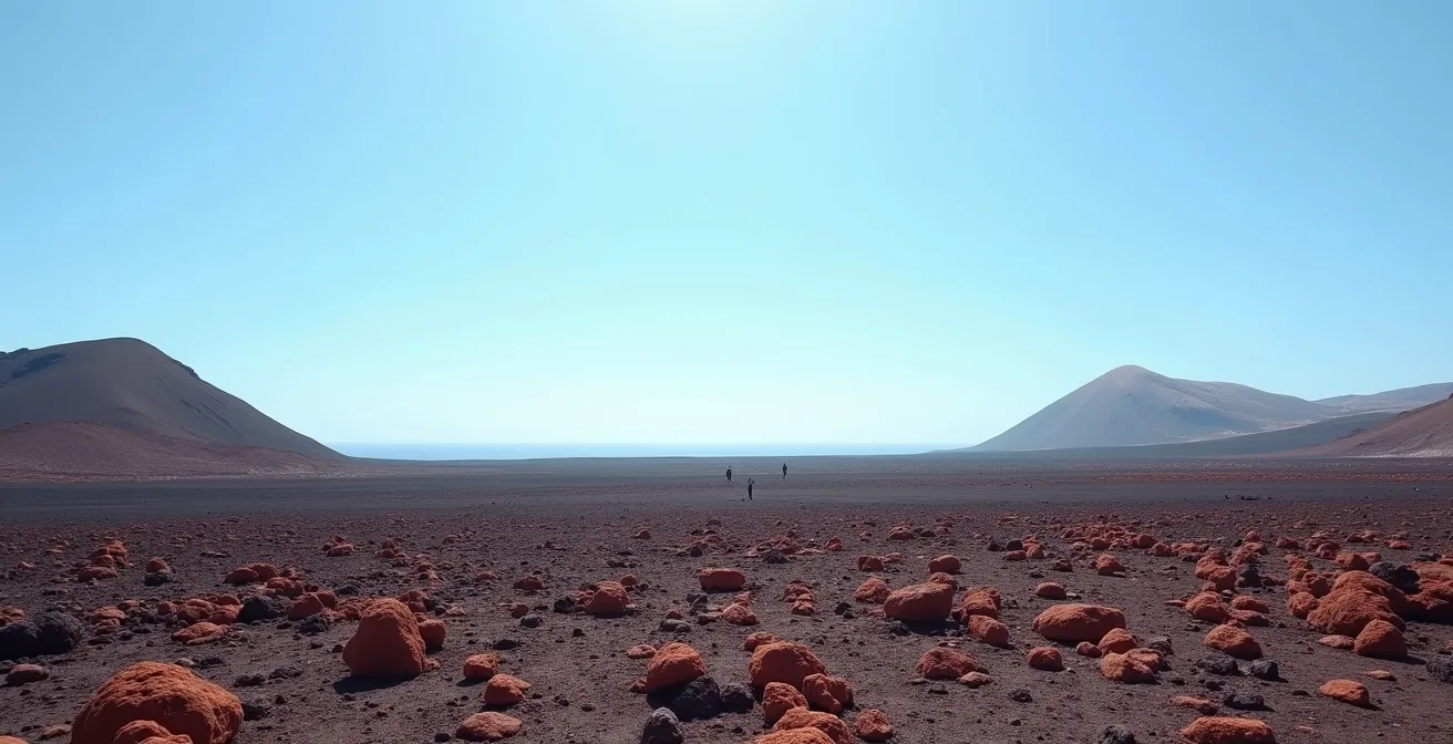 Weite Vulkanlandschaft Lanzarotes mit einzelner Person zeigt die karge Schönheit der Insel