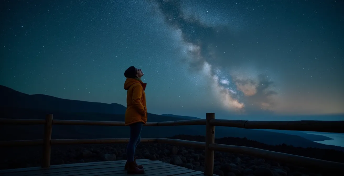 Person beobachtet die Milchstrasse von einem astronomischen Aussichtspunkt auf La Palma.