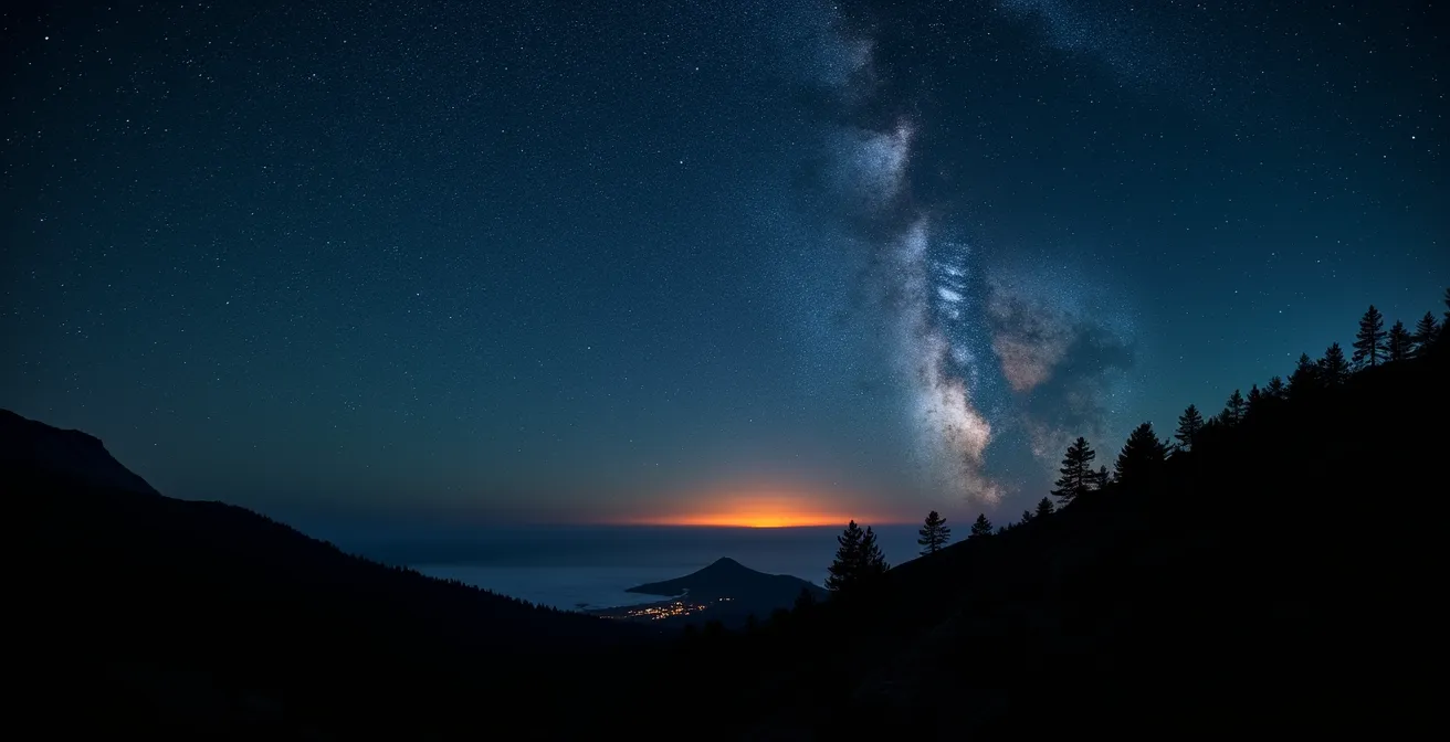 Spektakulärer Sternenhimmel mit Milchstrasse über der vulkanischen Landschaft La Palmas