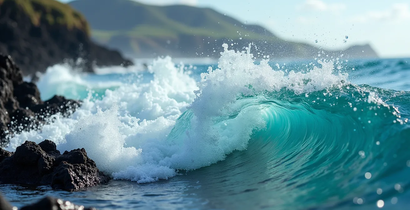 Makroaufnahme von türkisfarbenem Wasser, das über schwarzes Vulkangestein bricht, mit Schaumkronen und Wassertropfen in der Luft