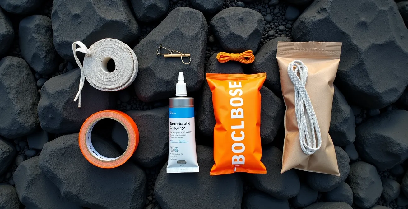 Kompaktes Notfall-Reparaturkit für Vulkanstein-Wanderungen ausgebreitet auf Lavafelsen