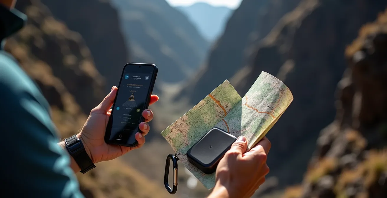 Wanderer hält Smartphone mit Offline-Karte und physische Wanderkarte in Vulkanschlucht