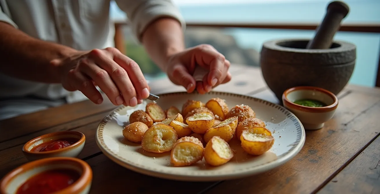 Runzelkartoffeln mit rotem und grünem Mojo neben gegrilltem Fisch