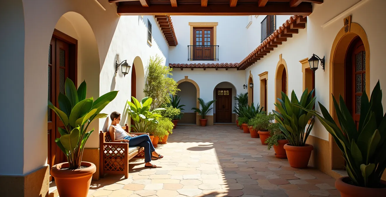 Schattiger kanarischer Patio während der Mittagshitze mit traditioneller Architektur
