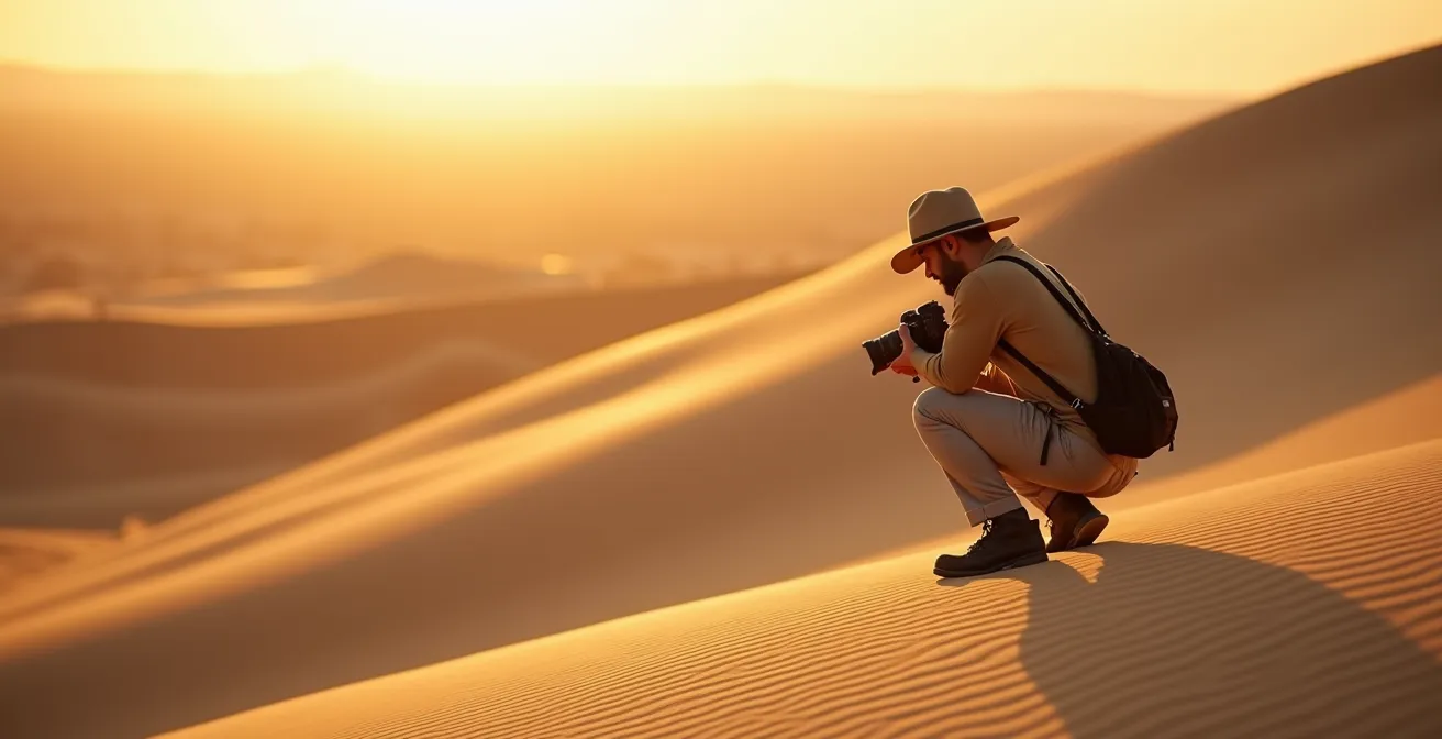 Fotograf bei Sonnenaufgang in den Dünen von Maspalomas mit dramatischen Schatten
