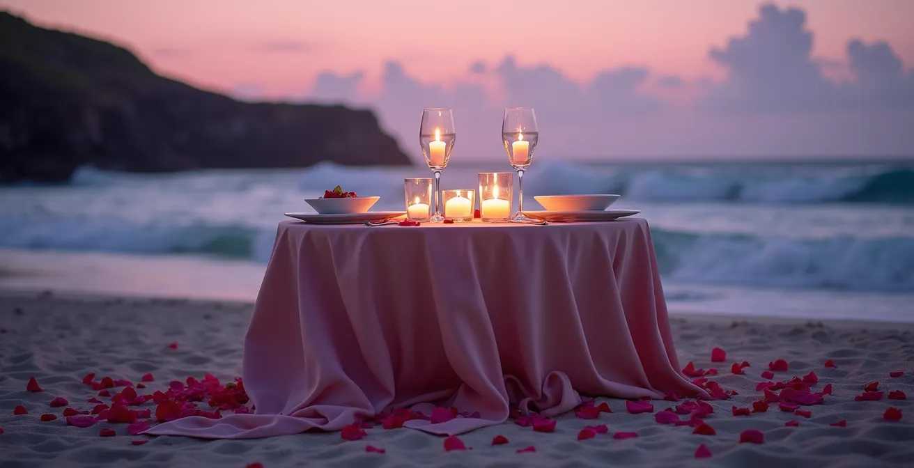 Romantisch gedeckter Tisch für zwei am Strand mit Kerzen und Blick auf das Meer bei Dämmerung