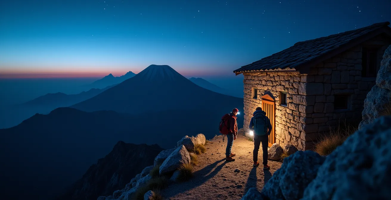 Bergsteiger verlassen Refugio Altavista in der Morgendämmerung für Teide-Gipfel