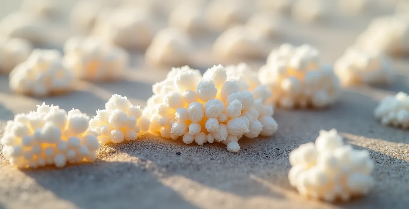 Makroaufnahme von weissen Rhodolithen-Formationen, die wie Popcorn am Strand liegen