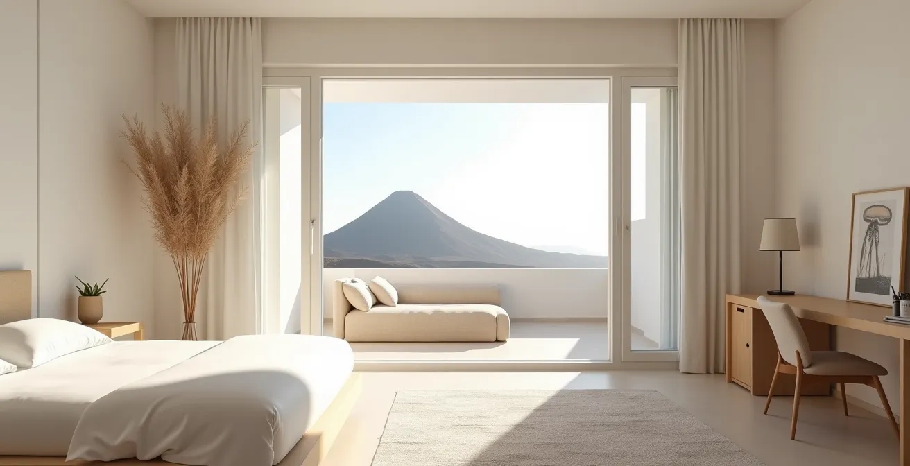 Ruhiges Hotelzimmer mit Blick auf kanarische Landschaft