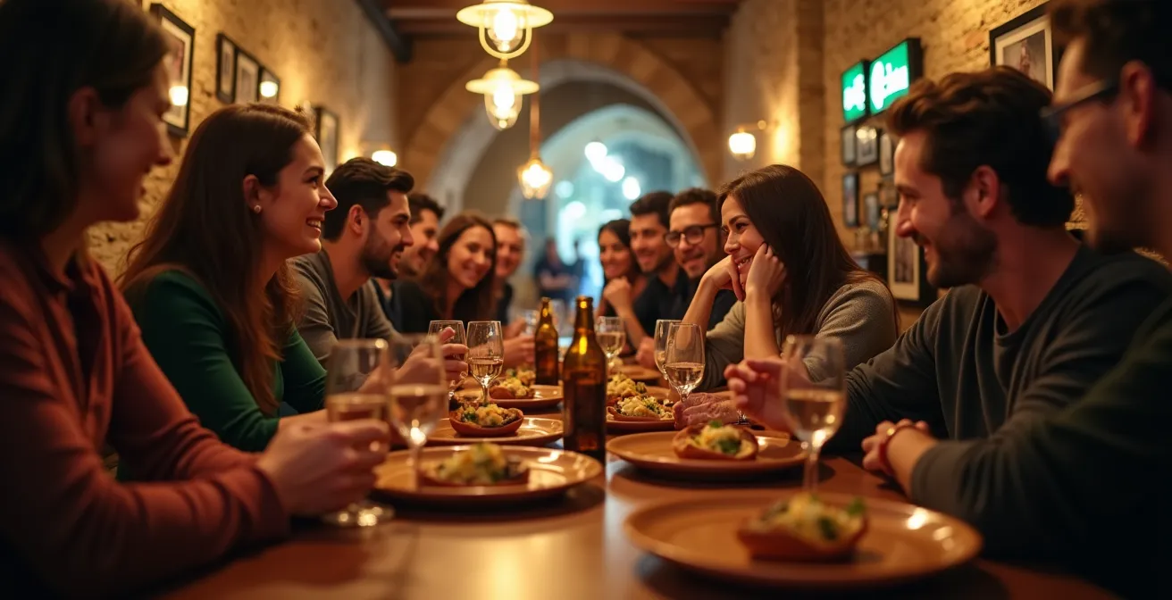 Lebhafte Tapas-Bar-Szene in der Altstadt von Santa Cruz am Abend