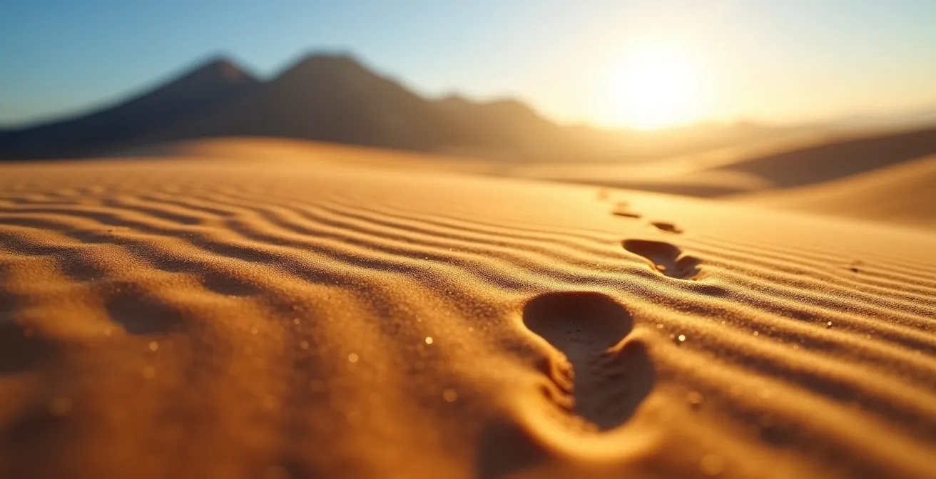 Goldene Sanddünen mit einzelner Spur im Vordergrund und vulkanischen Bergen im Hintergrund