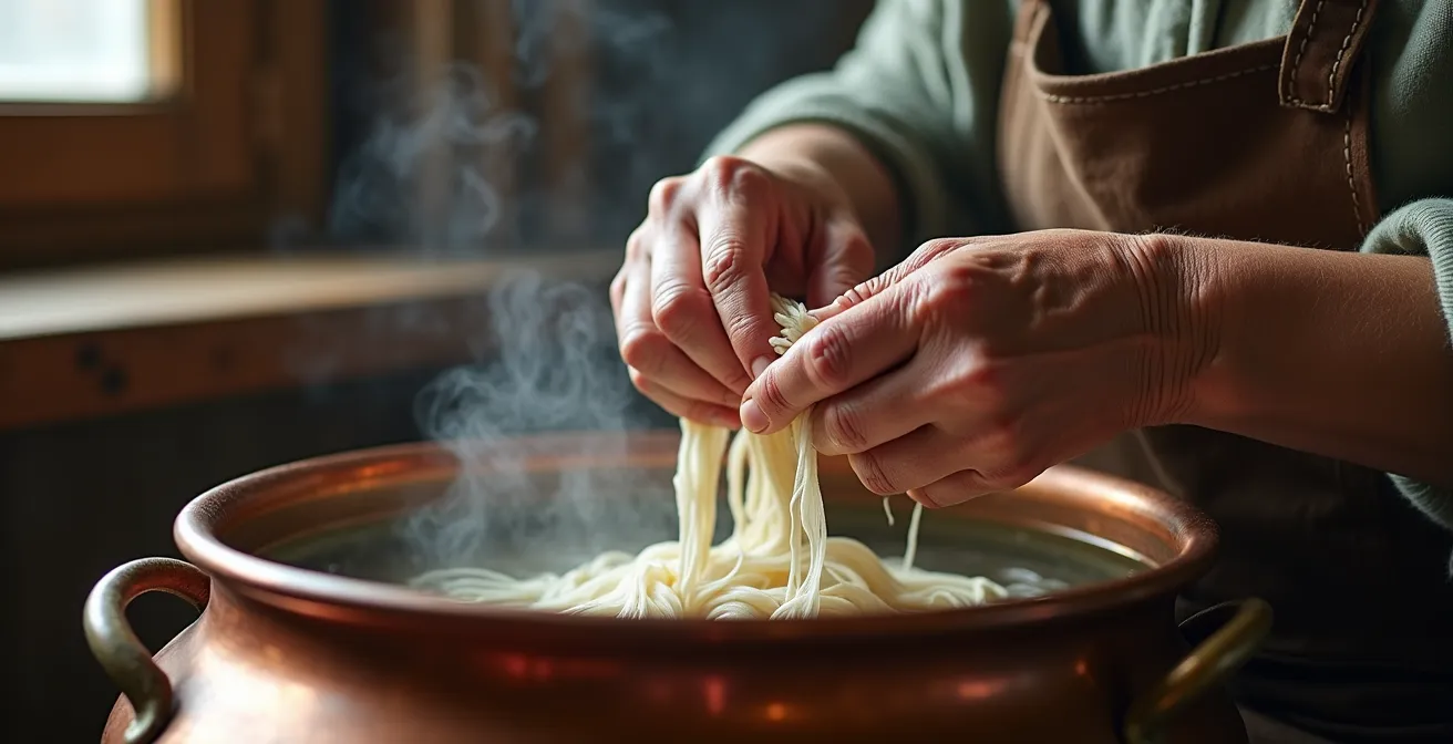 Hände einer Handwerkerin beim traditionellen Abwickeln von Seidenkokons