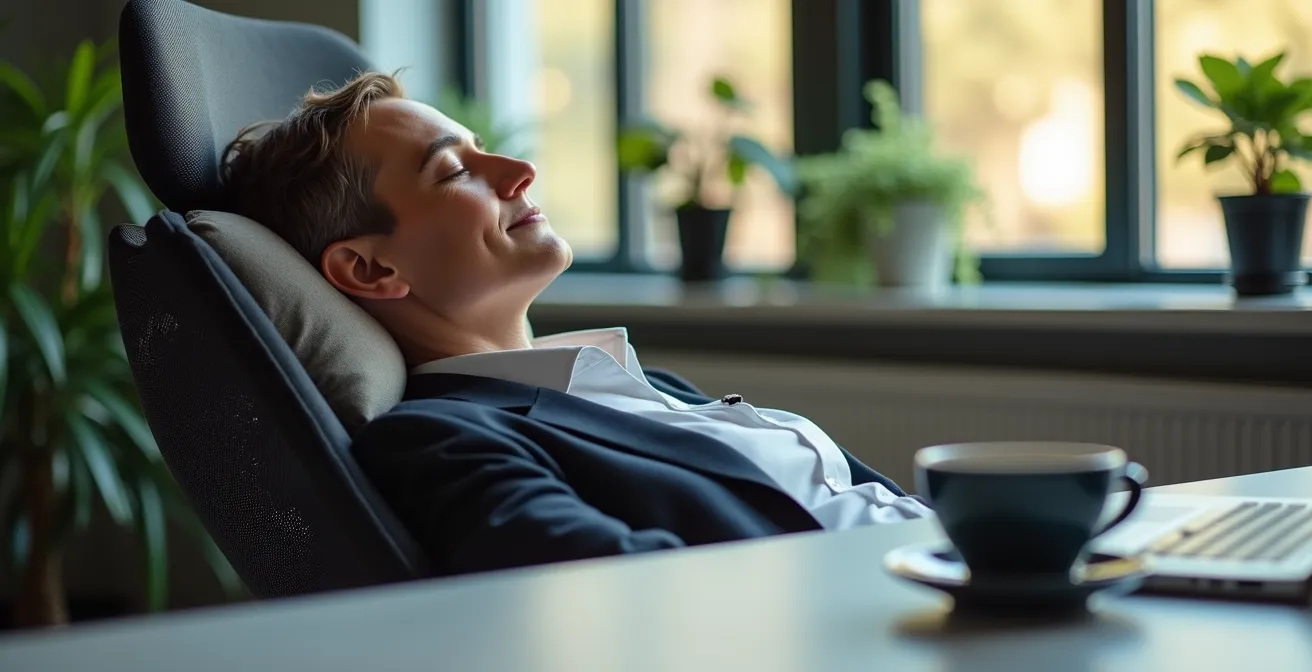 Person macht einen erfrischenden Power-Nap in einem modernen deutschen Büroumfeld.