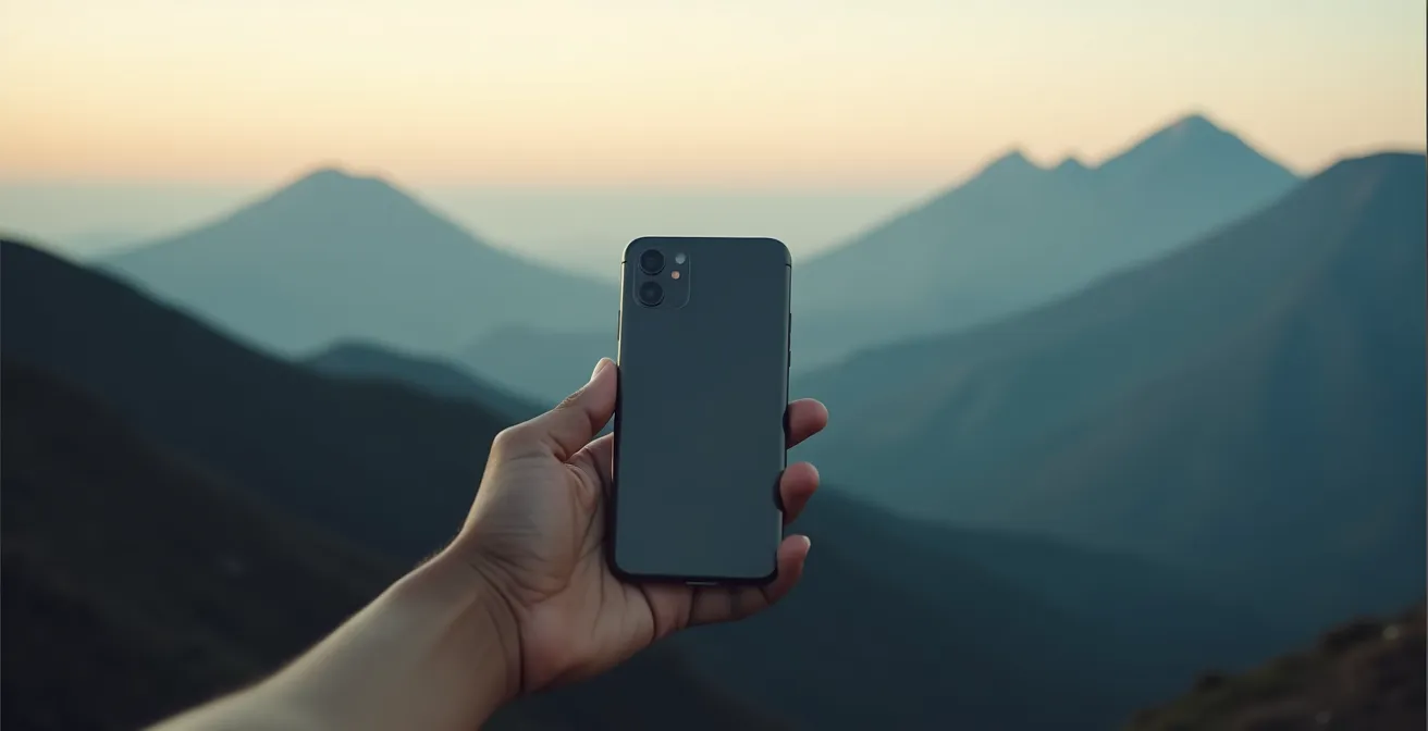Smartphone in der Hand vor einer unscharfen Berglandschaft, symbolisiert die Herausforderungen der Navigation ohne Netzabdeckung.