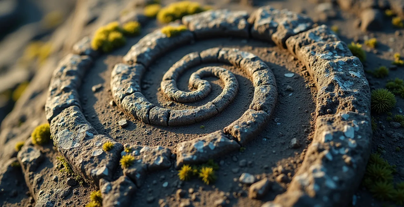 Makroaufnahme der geheimnisvollen Spiralen-Petroglyphen von La Zarza