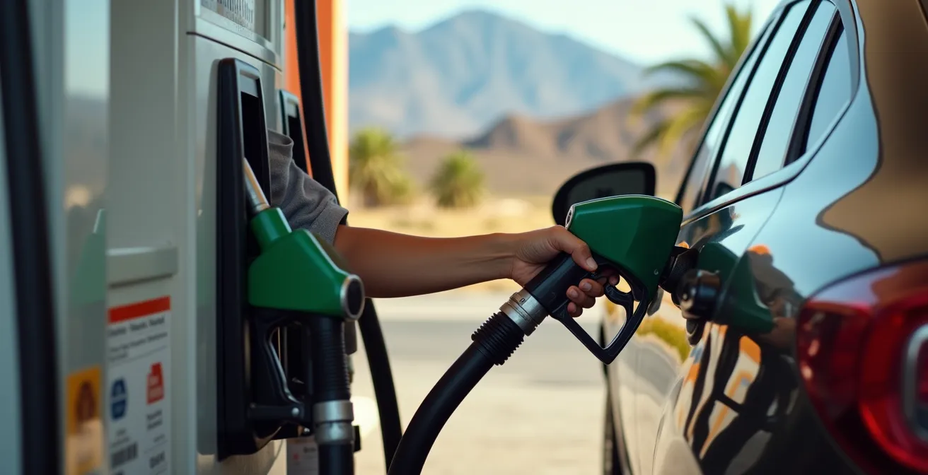 Mietwagen an kanarischer Tankstelle mit Vulkanlandschaft