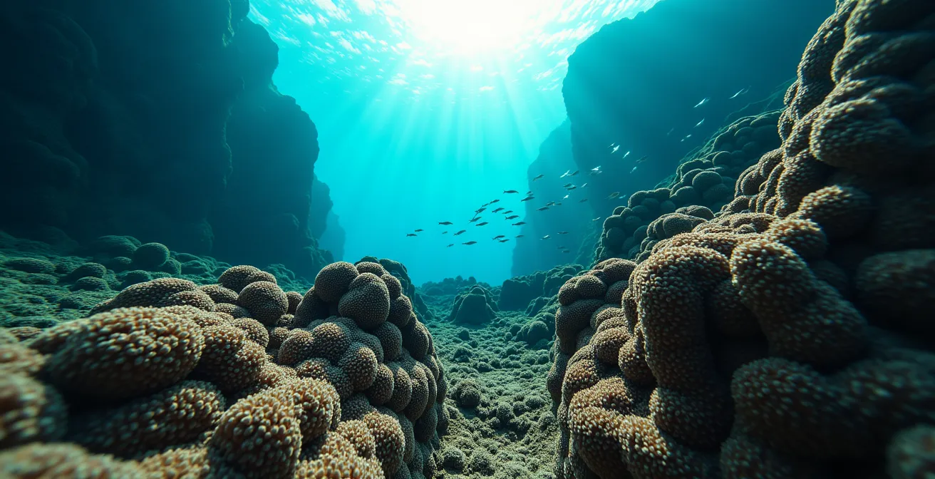 Unterwasseraufnahme von Vulkanfelsen mit Fischschwärmen im Mar de las Calmas