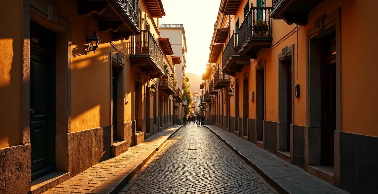 Atmosphärische Gasse in Vegueta bei Abenddämmerung mit traditionellen kanarischen Holzbalkonen ohne Touristenmassen