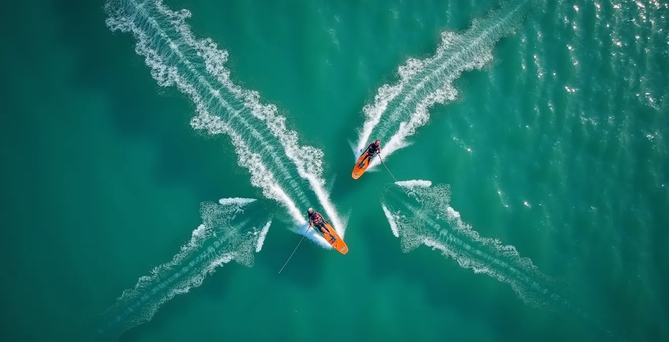 Schematische Darstellung einer Vorfahrtssituation zwischen Kiter und Windsurfer aus der Vogelperspektive mit Bewegungspfeilen
