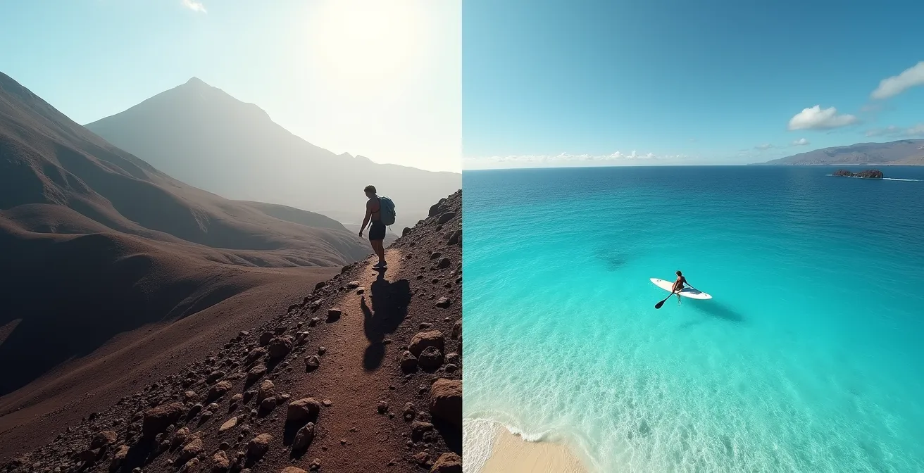 Geteiltes Bild: Links Wanderer am Teide, rechts Surfer in Fuerteventura