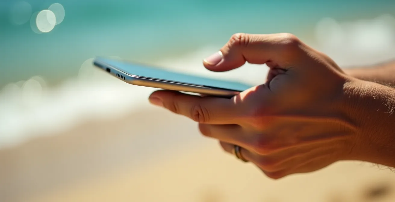 Eine Person hält ein Smartphone mit einer Wetter-App am Strand von Fuerteventura in der Hand, um die Windrichtung zu prüfen.