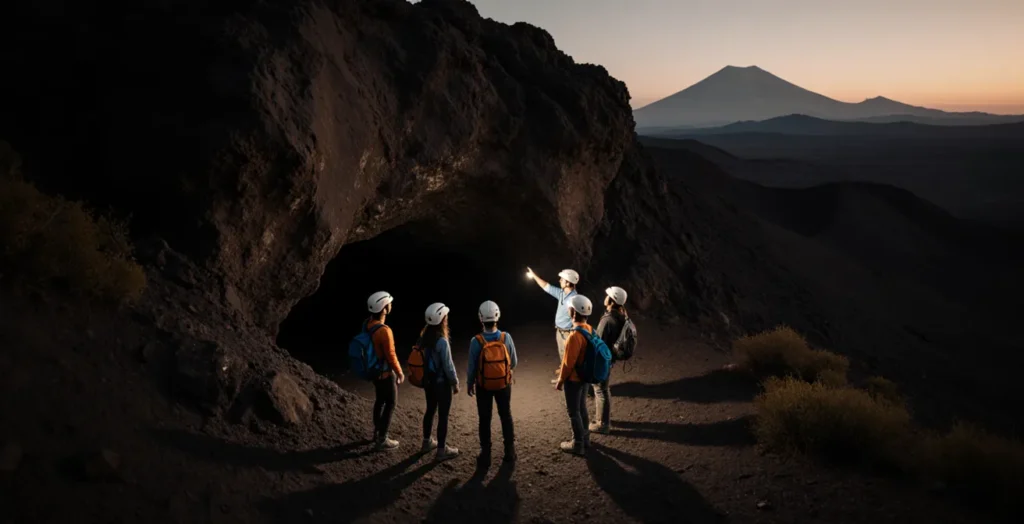 Kleine Besuchergruppe am Eingang einer Lavahöhle Kleine Besuchergruppe am Eingang einer Lavahöhle